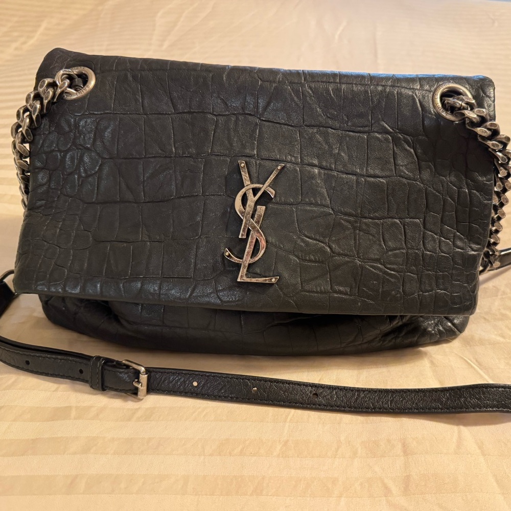 Yves Saint Laurent Black Croc-Embossed crossbody bag